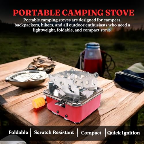 Image of Metal Camping Gas Stove | Portable Gas Stove For Camping Cooking Set | Ultra light |Small For Traveling | Camping Accessories For Outdoor | Red & Silver (1 Gas stove)