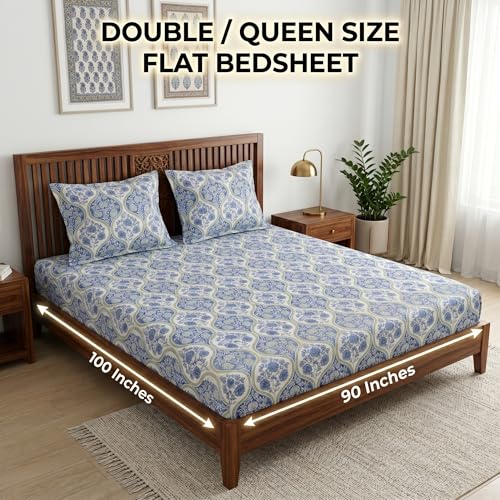 Image of Mafatlal 186 TC Grace Cotton Bedsheet for Double Bed | Pure Cotton Fabric | 90 x 100 Inches | Soft, Durable & Comfortable | Includes 2 Pillow Covers | Baja Blue