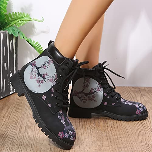 Soehir Ladies Fashion Leather Floral Print Lace Up Chunky Heel Short Boots Women Boots With Bow (Black, 6.5) #TOP4