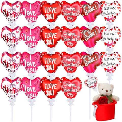 Gemscream 24 Pcs Valentine's Day Balloons Self Inflatable Heart Balloons with Bow Rod 4 Inch Valentine Decoration Mini Balloons for Wedding Birthday Engagement Party Supplies Cover
