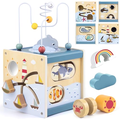 Wooden Activity Cube Montessori Toys for 1 Year Old Toddlers 12 Months + Toddler Learning Toys 1-3 Boys Girls Baby Sensory Interactive Birthday Gift