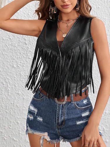 Women Tassel Vest 70s Hippie Vest Sleeveless PU Fringe Open Front Faux Suede Waistcoat Western Hippie Jacket Cardigan3