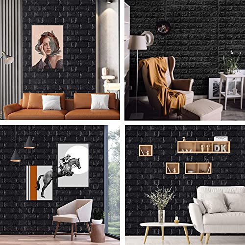 3D Wandpaneele Selbstklebend 10 Stück Ziegel Tapeten Steinoptik 35x 38.5 cm Steintapete Wandaufkleber Wasserdicht Wandtapete Klebetapete für Küche Schlafzimmer Badezimmer Wohnzimmer (Schwarz)