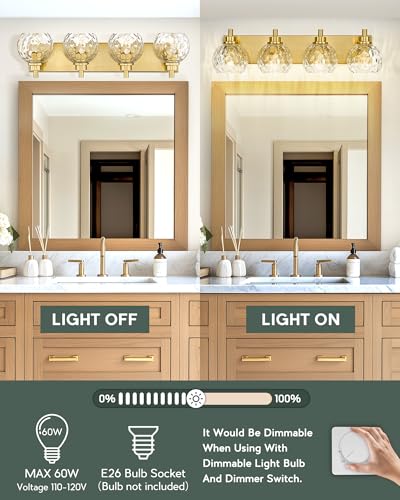Image of Bathroom Light Fixtures Over Mirror, 26 inch Brushed Gold Bathroom Vanity Light with Clear Hammered Glass Globe Shade, 4-Light Modern Sconces Wall Lighting, VL200-BG-CL-4