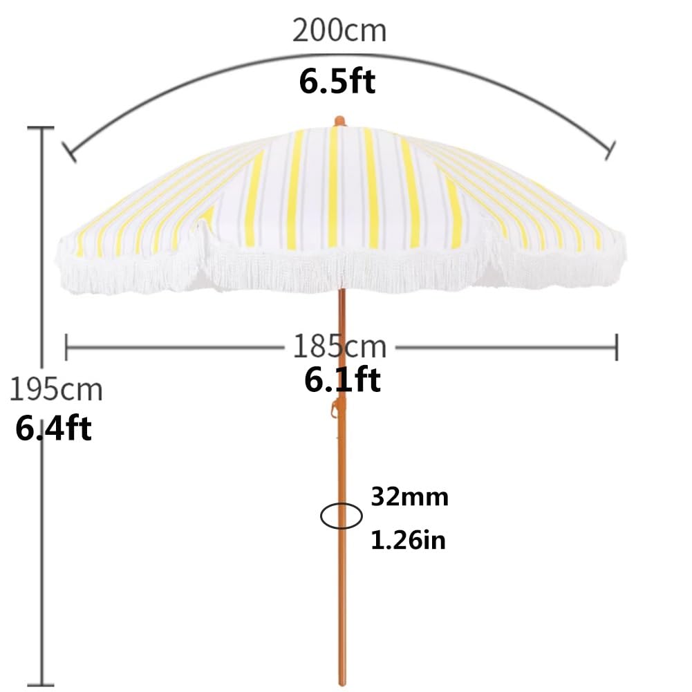 200 cm Parasol Ogrodowy z Frędzlami, Przenośny Parasol Plażowy w Paski Boho z Pochyleniem i Regulowanym Stalowym Słupkiem