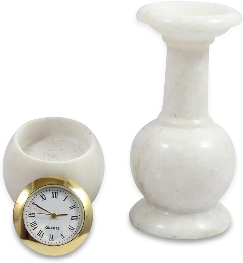 Handcrafted Marble Desk Clock | Retro Mantel Clock for Living Room Fireplace Shelf Office Bedside Home Decor | Decorative Vintage Style Analog Table Clock Roman Numerals | Memorable Gift Idea (White)