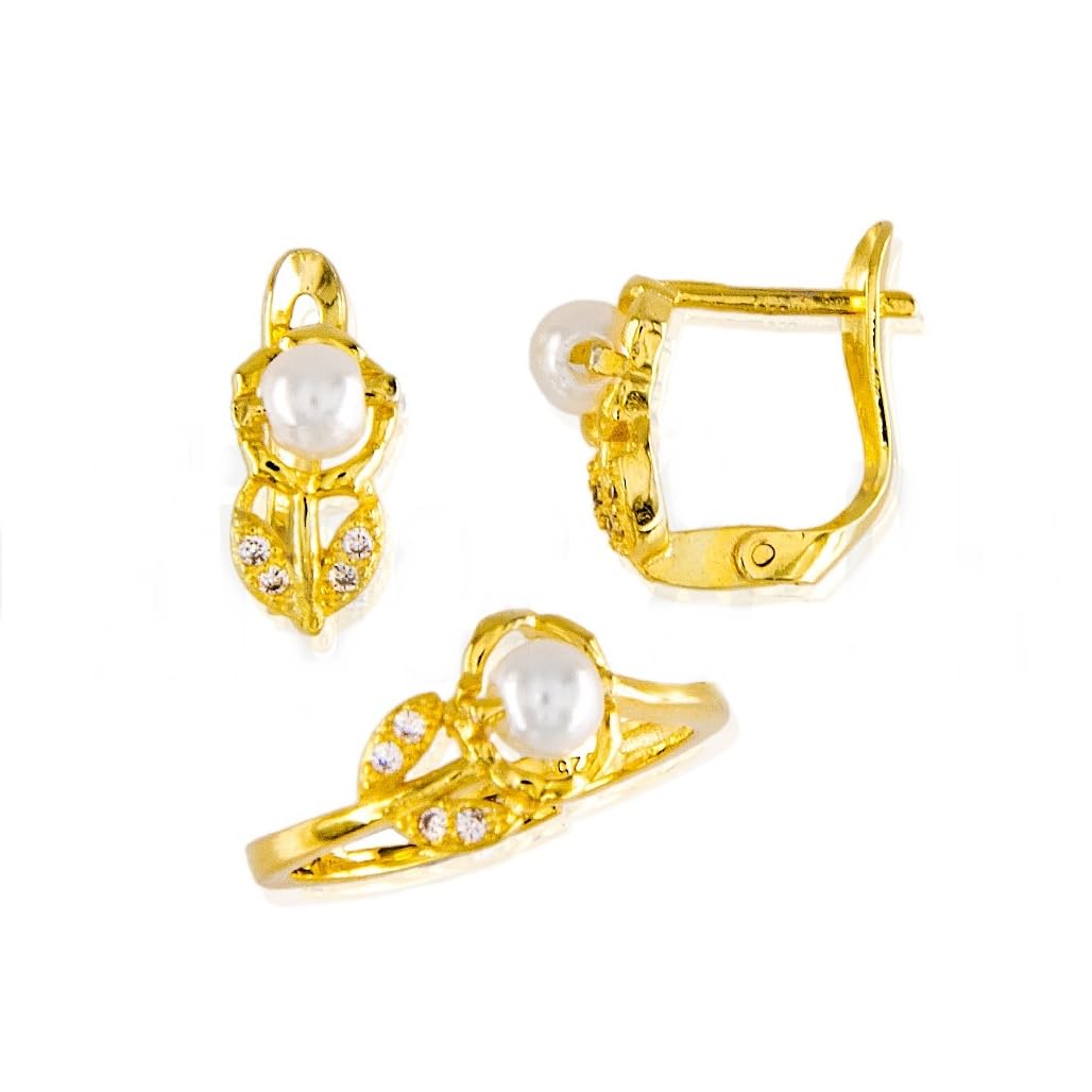MinoplataJuego Pendientes y Anillo ajustable flor de Plata chapada en Oro con Perlas cultivadas y Circonitas para niña