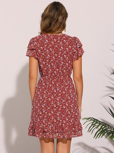 Image of Allegra K Women's Ruffle Sleeve Self-Tie V Neck Flowy Ruffled A-Line Floral Chiffon Dress