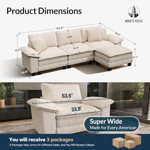Image of HERA'S HOUSE 124 inch Oversized Modular Sectional L Shaped Sofa, Corduroy Beige | 4-Seater Living Room Couches, Wider Armrest and Deep Seat, Comfy Cloud Couch with Ottoman, Wood Sturdy Frame