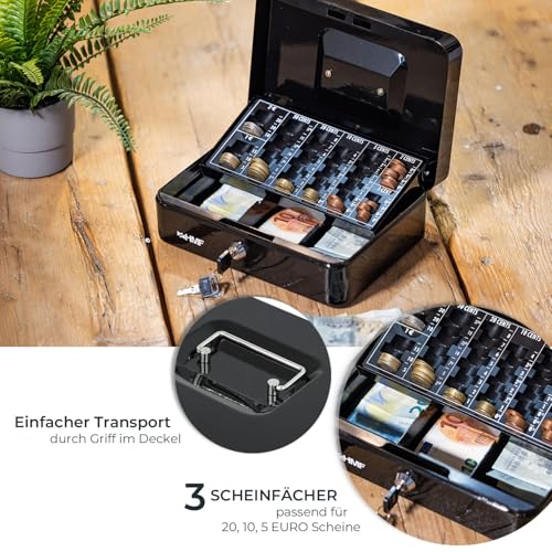 HMF Geldkassette abschließbar, Kasse mit Euro Münzzählbrett, 3 Banknotenfächer | 25 x 18 x 9 cm | Schwarz