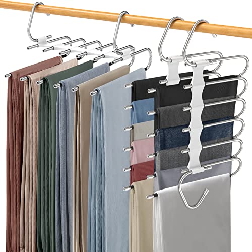 Besslly Upgrade 6 Layers Pants Hangers Space Saving, 2Pack Stainless Steel Multifunctional Rack Non Slip S-Type Clothes Jean Hanger Closet Organizer For Jeans Leggings Trousers Skirts Scarf, White #TOP5
