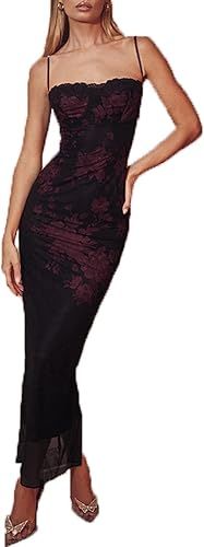 ABINGOO Vestido largo vintage con tirantes delgados para mujer, sexy, corte bajo, sin espalda, floral, de satén, vestido largo Y2K Cami Bodycon