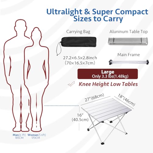 Image of Grope Portable Camping Table with Aluminum Table Top, Folding Beach Table Easy to Carry, Prefect for Outdoor, Picnic, BBQ, Cooking, Festival, Beach, Home (Silver-L)