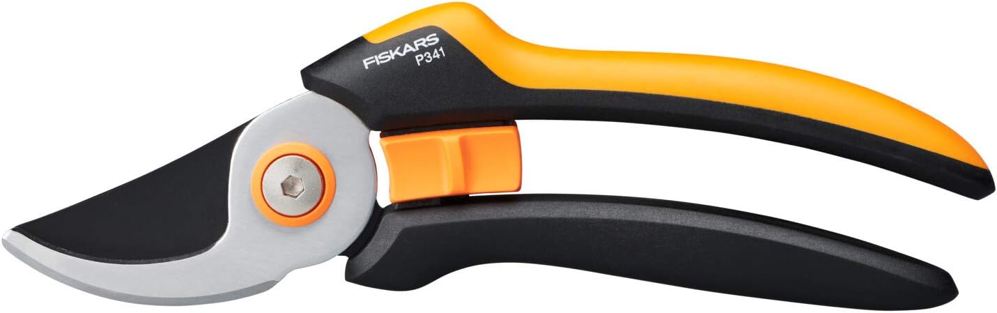 Fiskars Bypass Garden Pruners L, Solid, P341, For fresh branches and twigs, Non-stick coated, Stainless steel blades, Length: 20.5 cm, Black/Orange, 1057164