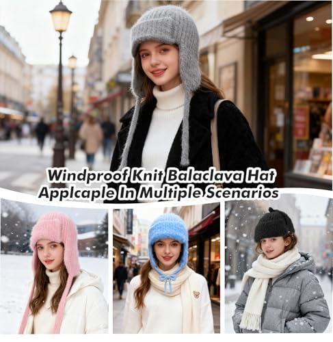 TAGVO 2 PCS Women's Winter Knit Hats, Soft Faux Mink Beanies with Earflaps & Tie Strings, Lightweight Skull Cap Warm Trapper Hat for Outdoors - Image 6