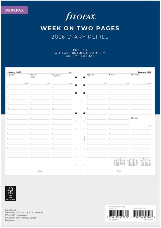 Filofax Calendar Diary Refill, Deskfax, Week-to-View with Appointments, White Paper, English, 2026 (C68612-26)