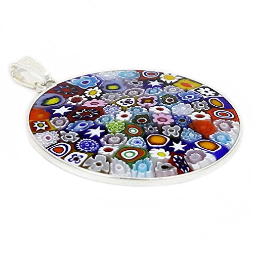 Glass Of Venice Murano Glass Millefiori Pendant Multicolor in Silver Frame 1-1/4"2