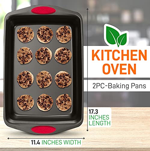 Nutrichef 2-Piece Baking Pan Set - Pfoa, Pfos, Ptfe Free Flexible Nonstick Black Coating Carbon Steel Bakeware - Professional Home Kitchen Bake Cookie Sheet Stackable Tray W/Red Silicone Handles #TOP1