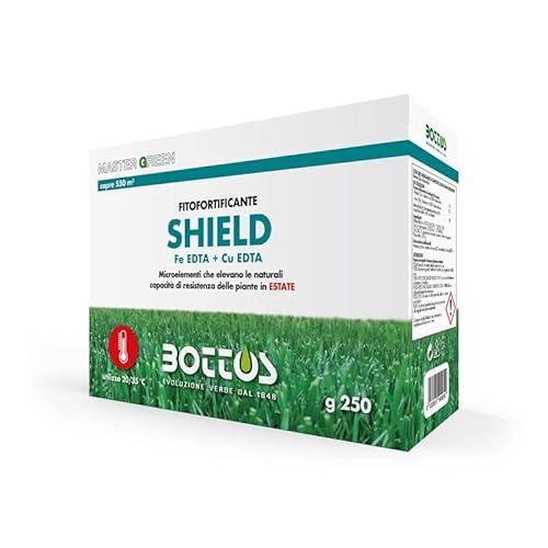 Bottos SHIELD, Fitofortificante che eleva le naturali capacità di resistenza del tappeto erboso in Estate, concime fertilizzante liquido con Rame e Ferro,potenziatore delle difese delle piante (250gr)