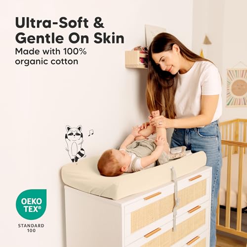 Image of 2-Pack Organic Changing Pad Covers for Girl, Boy, Neutral - 100% Cotton Changing Table Pad Cover, Soft Baby Nursery Diaper Changing Pad Sheets, Contour Changing Pads Liners, Change Pad Cover (Pecan)