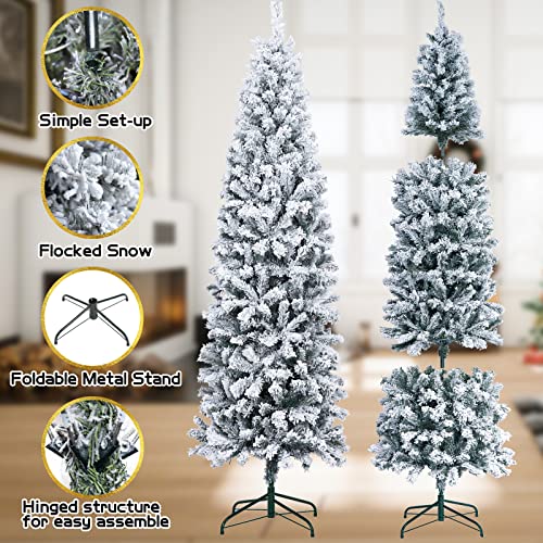 6FT-Prelit-Pencil-Christmas-Tree-Artificial-Snow-Flocked-Slim-Skinny-Christmas-Trees-with-250-LED-Warm-White-Lights-for-Christmas-Indoor-Outdoor-Decoration 6FT Prelit Pencil Christmas Tree Artificial Snow Flocked Slim Skinny Christmas Trees with 250 LED Warm White Lights for Christmas Indoor Outdoor Decoration
