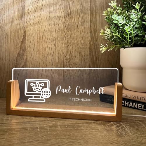 Personalized Name & Title Desk Name Plate Stand Information Technology IT Computer Hardware Software Cloud Computing Professional Work Sign Plaque LED Light Wood Holder Nameplate Office Gift