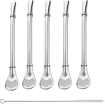 5 Pieces Drinking Straw Spoon, Stainless Steel Drinking Straws Spoon, Reusable Stainless Steel Straws, with 1 Piece Cleaning Brushes, for Tea, Coffee, Lemon Tea, Juice, Yerba Mate, MilkshakesSilver