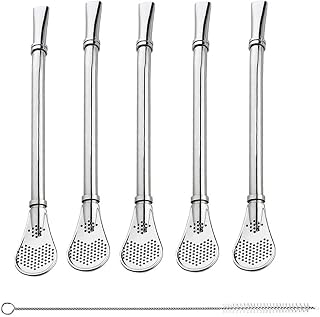 5 pieces reusable straws, Yerba Mate stainless steel straws, filtered spoon, with 1 cleaning brushes, for tea, coffee, lemon tea, juice (silver)