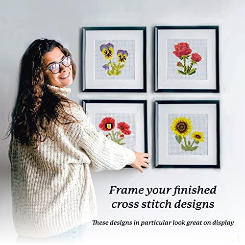 Image of Kraftex Stamped Cross Stitch Kits for Beginners (Flower Theme - 6.75 Inch - 4 Pack 1 x Embroidery Hoop) Embroidery Needlepoint Patterns for Adults, Includes Poppy, Rose, Sunflower and Pansy