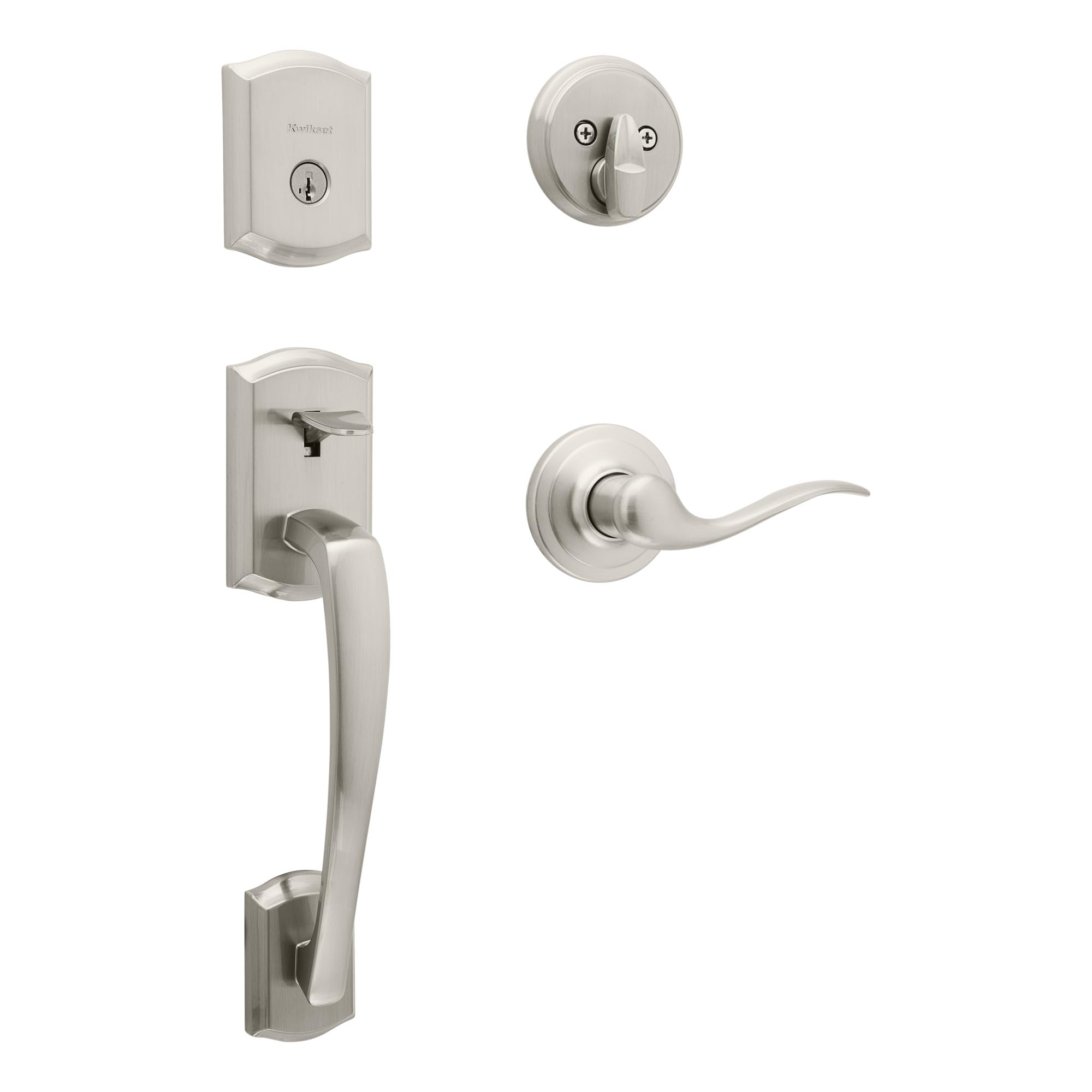 Kwikset Prescott Front Door Lock Handle and Deadbolt Set, Entry Handleset Exterior with Interior Reversible Lever, Satin Nickel, Pick Resistant SmartKey Rekey Deadbolt Security