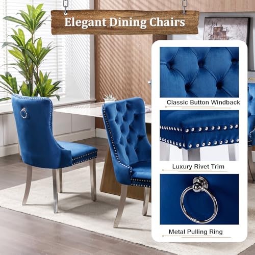 Image of 5-Piece Round Dining Table Set for 4, Modern Faux Marble Kitchen Table and Blue Velvet Chairs Set of 4, Luxury 45 inch Circle White Silver Dining Room Tables with Stainless Steel Base