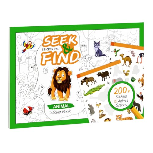 Find the Animal Sticker Book for Kids Seek and Find Sticker Pad for Toddlers (200+ Stickers 10 Animal Scenes to Color) Arts and Crafts Activity Sticker Book for Educational