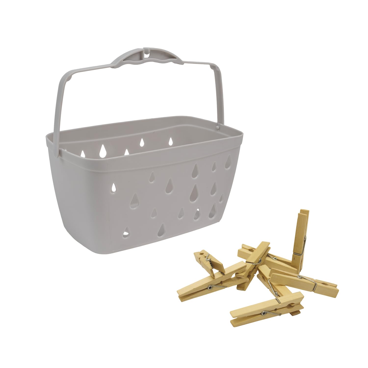 Jvl Brown Plastic Peg Basket, Grey With 24 Wooden Retro Pegs,