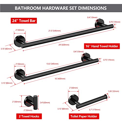 Bathroom Hardware Set-Usumairu Bathroom Accessories,5Pcs Modern Bathroom Towel Rack Wall Mount,Stainless Steel 24" Towel Bar+16'' Hand Towel Holder+Toilet Paper Holder+2 Towel Hooks-Matte Black #TOP4