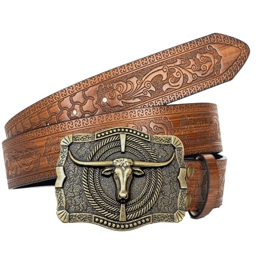 IZUS Men's Bull-Head Western-Belt Retro Cowboy-Belts with Longhorn-Bull-Engraved Square-Alloy-Buckle PU-Leather Waist-Strap