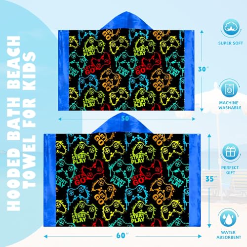 Image of Video Gamer Boys Beach Towel with Hoodie for Kids Toddlers Age 4-8,Game Controller Black Bath Towels Shower Wrap for Boys, Hooded Poncho Beach Blanket for Pool Swimming Wearable Bath Towel for Child