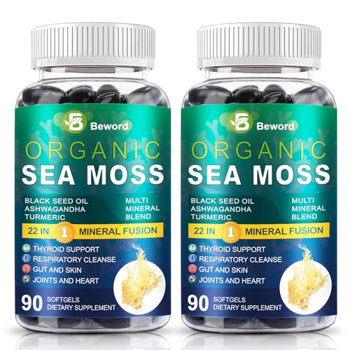 BEWORD Organic Sea Moss Softgels, 180 Capsules - with Irish Sea Moss, Vitamin C,D3, Black Seed Oil, Ashwagandha, Turmeric, Bladderwrack, Burdock, Rhodiola Rosea - Immune, Skin & Energy Support, 2 Pack