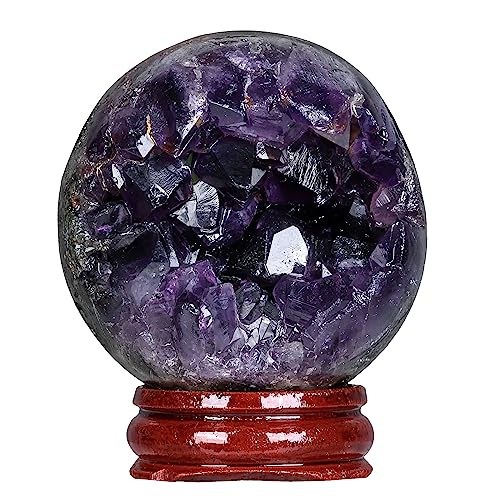 Nupuyai Amethyst Crystal Sphere Ball Decorative with Wooden Stand, Sphere Stone Sculpture Figurine Quartz Ball for Home Office Decoration, 2.4-2.7''
