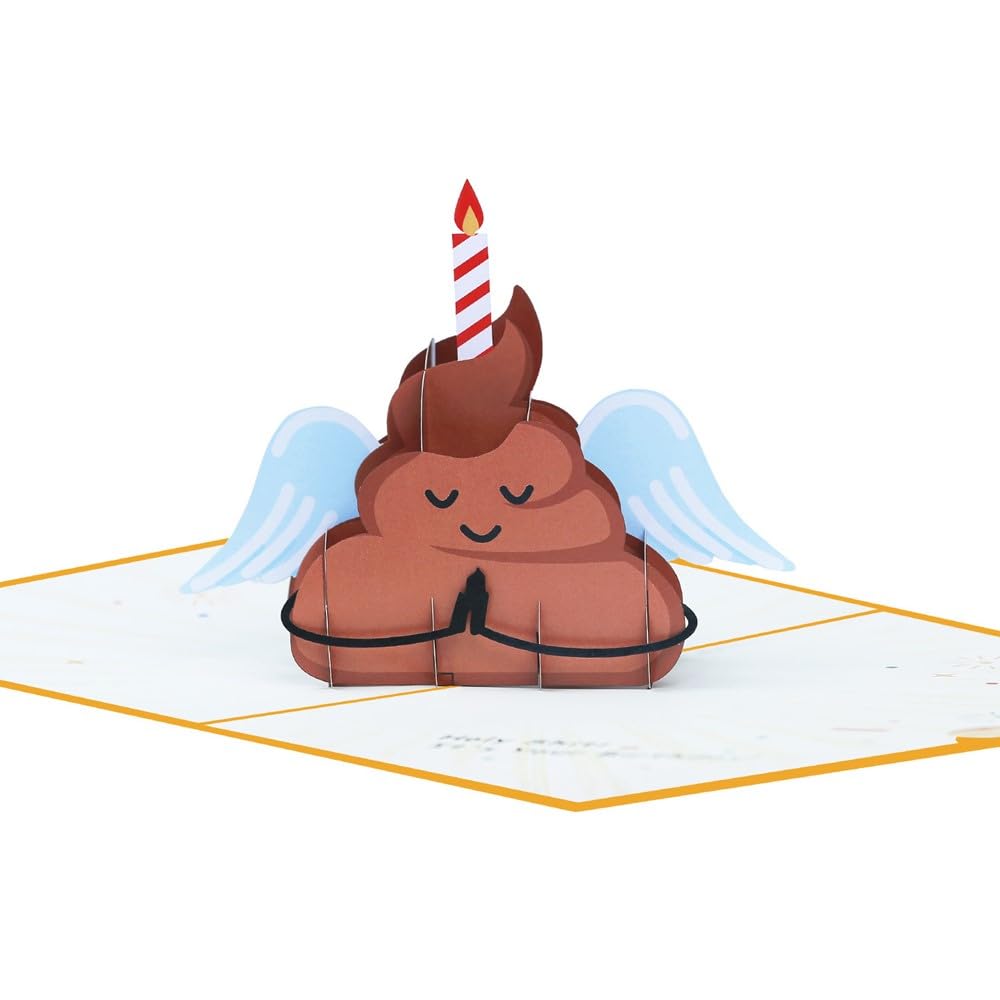 3D Pop Up Birthday Card Funny Poo Emoji Humorous Novelty Winged Poop with Candle for Men Women Boys Girls
