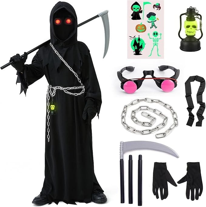 Sensenmann Kostüm Kinder Jungen Set 140 146 152 mit Sense Brille Geisterketten Maske Handschuhen Gruselig Halloween Kostüm...