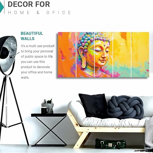 Image of Gautam Buddha MDF Wall Painting with Sparkle Laminated | Big Size Lord Buddha 5 Piece Wall Painting for Living Room Big Size | Wall Decor Items for Home, Office & Bedroom