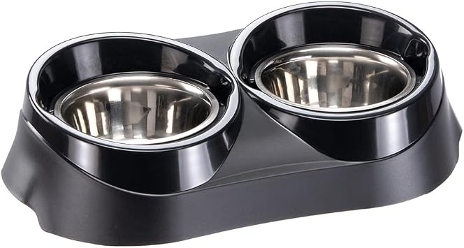 Ferplast Medium Dog Bowl in Steel 2 Bowls with Plastic Bowl Holder, Ferplast Duo Feed Dog Food Water Border, 47 x 25 xh 13 cm