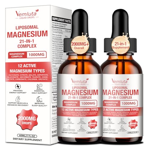 2 Packs 21-in-1 Liposomal 12 Active Magnesium Complex 2000MG+ Liquid Drops - with Magnesium Glycinate Citrate etc Ashwagandha & L-Theanine CoQ10 for Mood Muscle Heart & Relaxation Nerve* Support