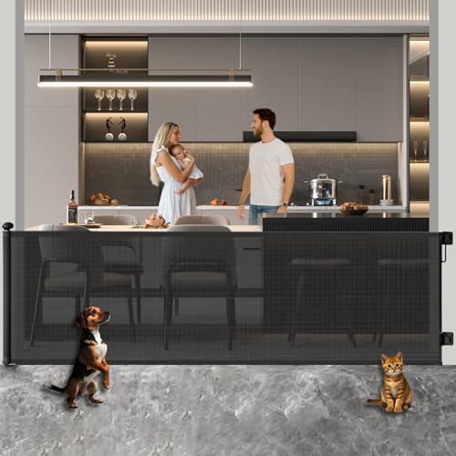 Huafly Cancelletto retrattile da 180 cm, extra largo per grandi aperture, cancelli per bambini, cancelli di sicurezza, cancelli extra lunghi per cani su porte, scale, esterni, interni (nero, 180 cm)