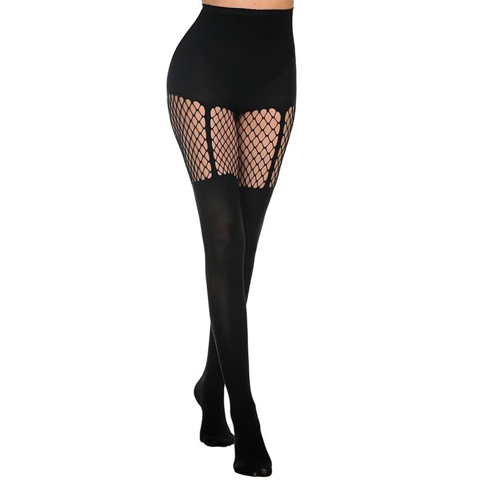Ksikdeg Women's 6089 Black Hollowed Fishnet Patchwork Mock Suspender Tights Faux Thigh High Socks Black Pantyhose Dance Stockings