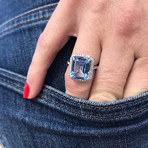 925 Sterling Silver Plated Emerald Shaped Simulated Blue Topaz CZ Halo Engagement Wedding Ring for Women4