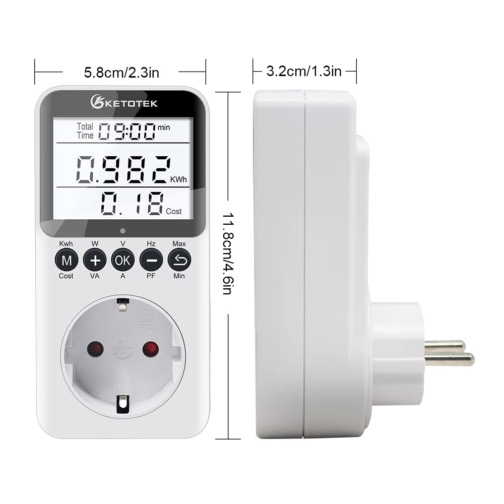 KETOTEK Medidor de Consumo Electrico, Enchufe Monitor de Electricidad con Pantalla LCD Retroiluminada, Medidor de Costo de Electricidad Medidor de Energía con 3680W Protección contra Sobrecarga