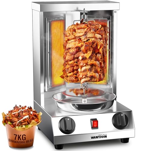 WantJoin Shawarma Grill Machine - Gas Vertical Rotisserie with 2 Burners & Heat Shields, 17 lbs Capacity, 122–752 °F, Stainless Steel Gyro Machine for Party or Commercial Use
