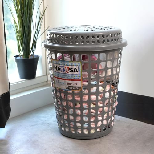Image of Nayasa Plastic Laundry Basket with Lid - 44 Ltrs | Ventilated Clothes Hamper with Easy-Grip Handles | Clothes & Toy Storage Organizer |(Round Petal) Grey