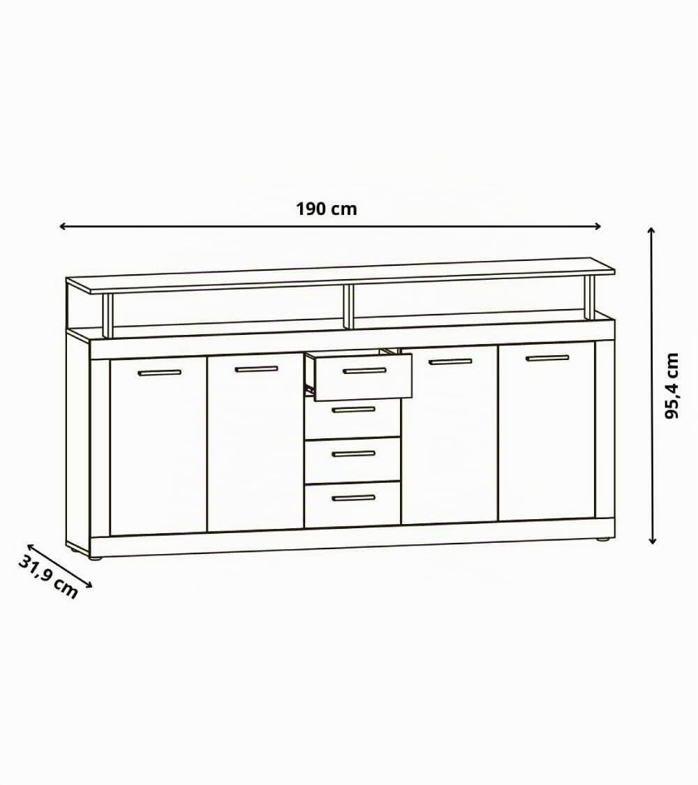 Aparador Luana 190x95,4x31,9 cm – 4 Puertas, 4 Cajones y Huecos Abiertos, Estilo Moderno, Ideal Salón Comedor en Roble y Gris Oscuro